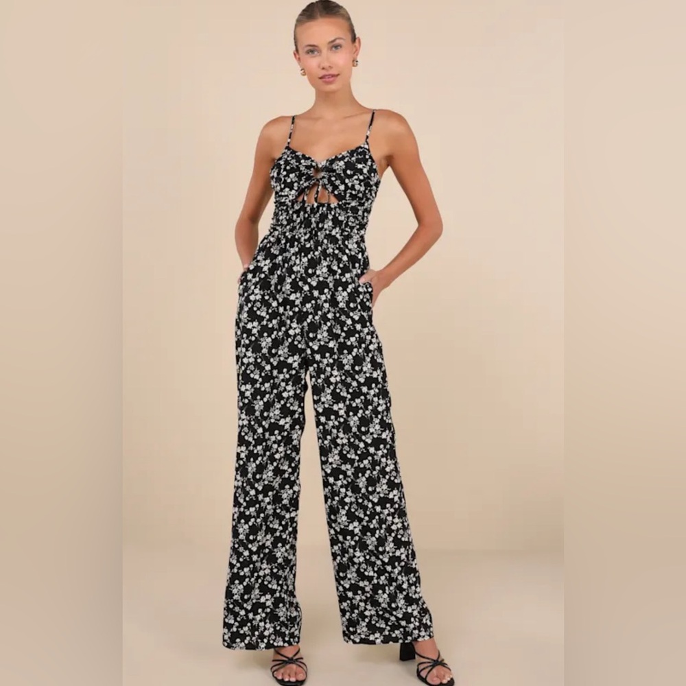 Lulus black floral tie back jumpsuit
